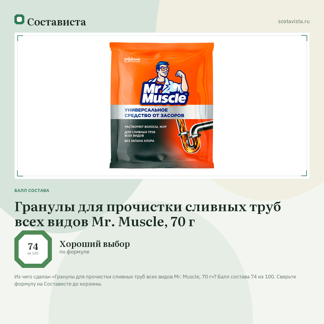 Гранулы для прочистки сливных труб всех видов Mr. Muscle, 70 г: балл состава 74 из 100 — Состависта