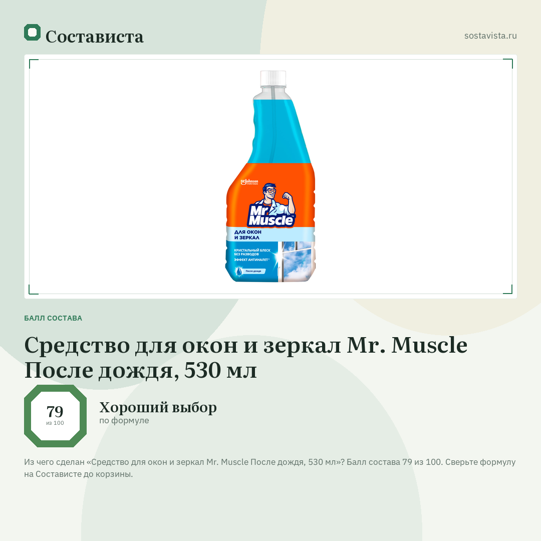 Средство для окон и зеркал Mr. Muscle После дождя, 530 мл: балл состава 79 из 100 — Состависта