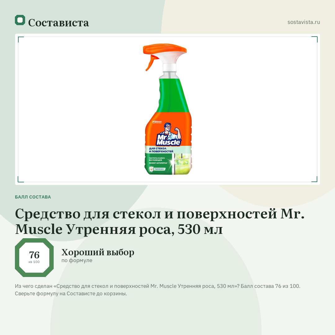 Средство для стекол и поверхностей Mr. Muscle Утренняя роса, 530 мл: балл состава 76 из 100 — Состависта