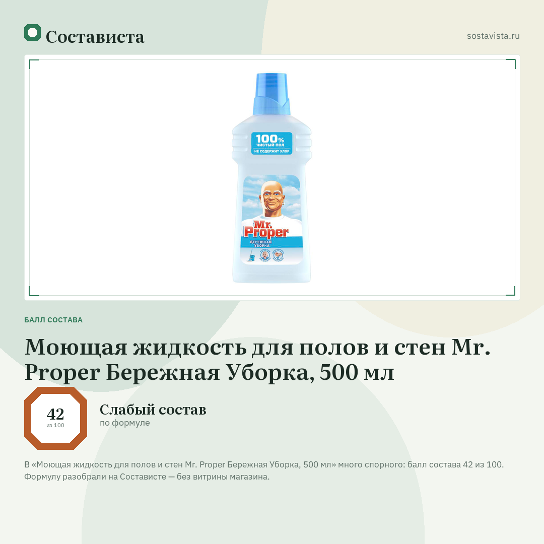 Моющая жидкость для полов и стен Mr. Proper Бережная Уборка, 500 мл: балл состава 42 из 100 — Состависта