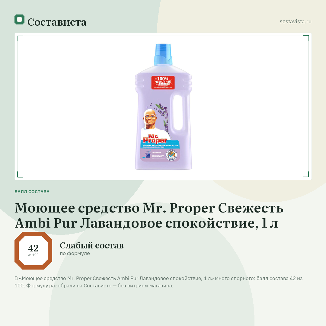 Моющее средство Mr. Proper Свежесть Ambi Pur Лавандовое спокойствие, 1 л: балл состава 42 из 100 — Состависта