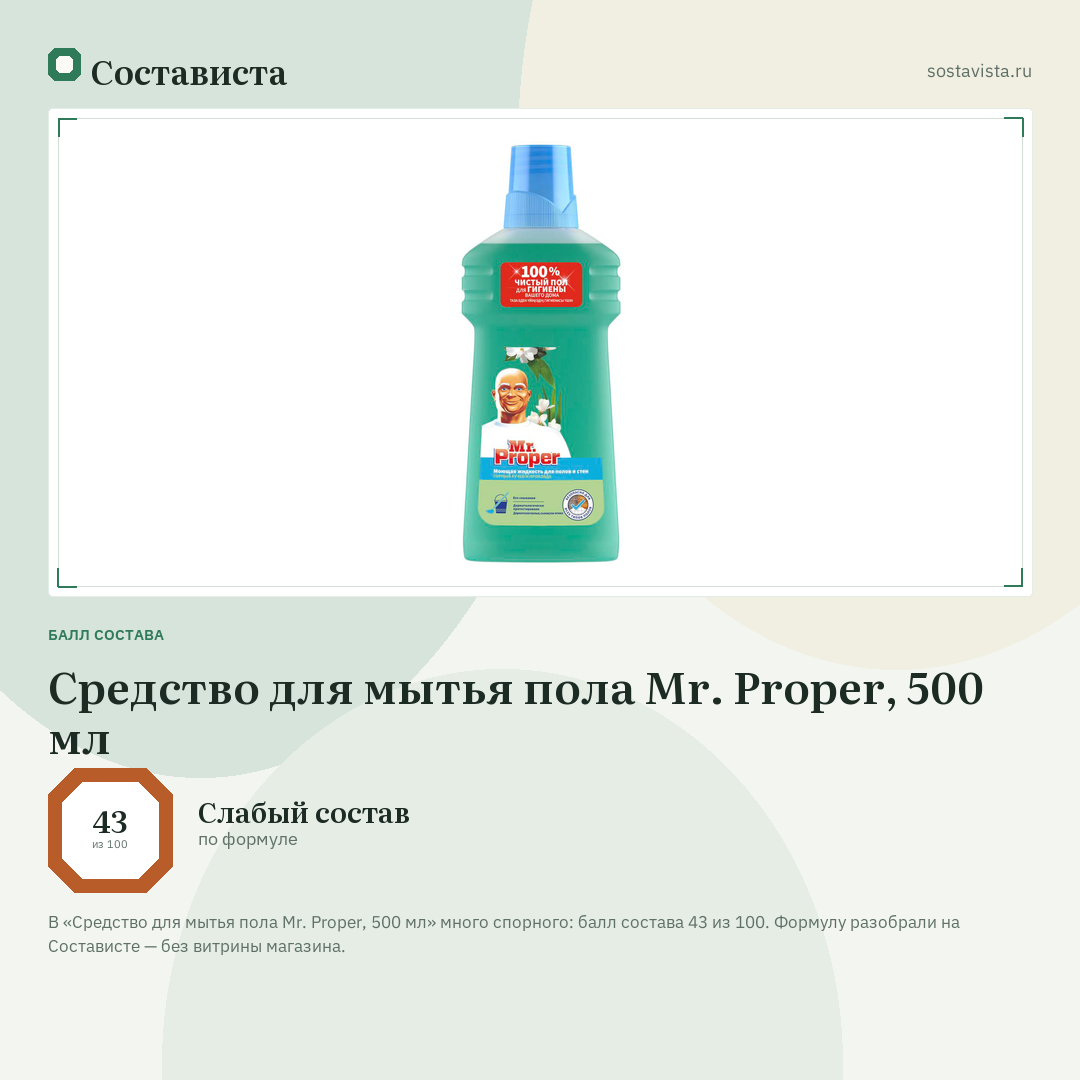 Средство для мытья пола Mr. Proper, 500 мл: балл состава 43 из 100 — Состависта