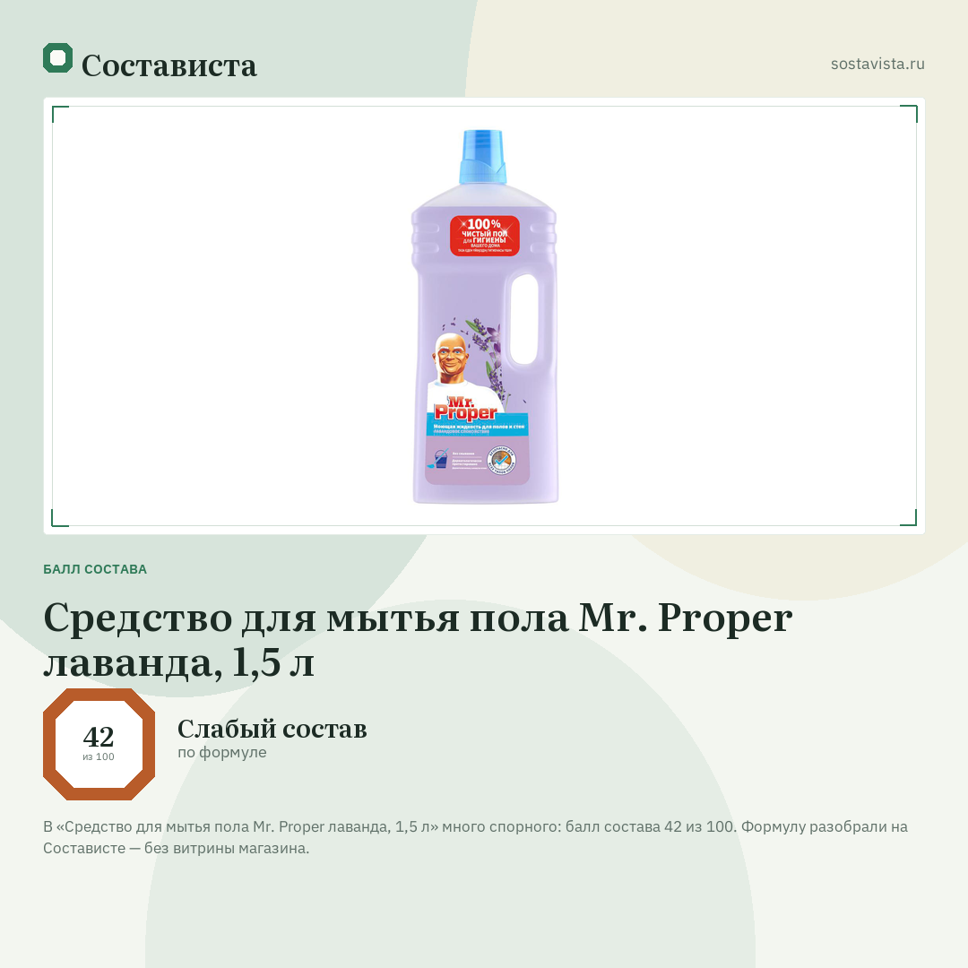 Средство для мытья пола Mr. Proper лаванда, 1,5 л: балл состава 42 из 100 — Состависта