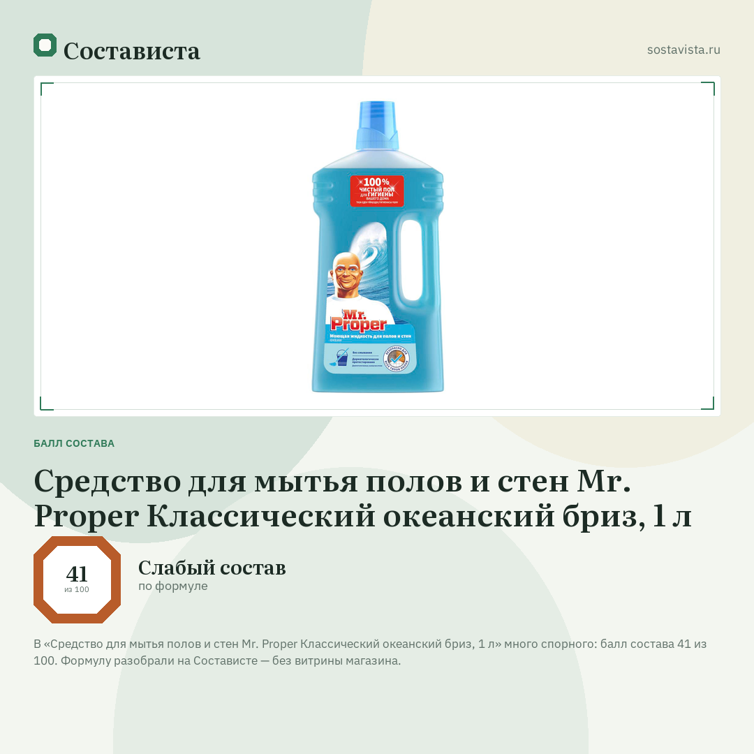 Средство для мытья полов и стен Mr. Proper Классический океанский бриз, 1 л: балл состава 41 из 100 — Состависта