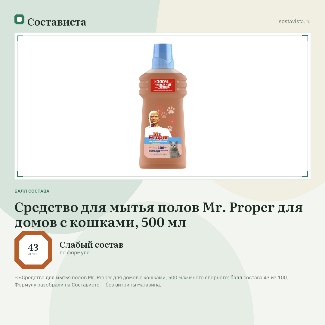 Средство для мытья полов Mr. Proper для домов с кошками, 500 мл: балл состава 43 из 100 — Состависта