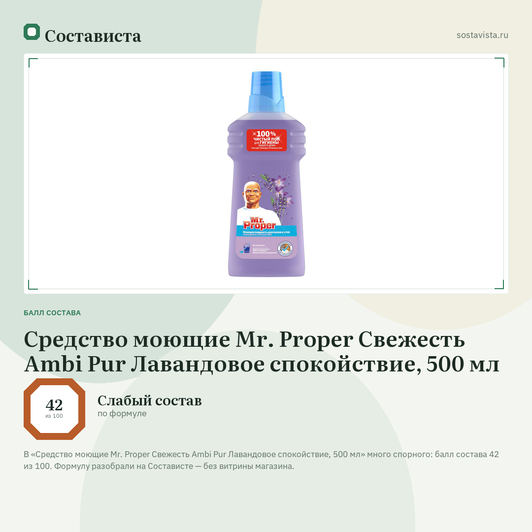 Средство моющие Mr. Proper Свежесть Ambi Pur Лавандовое спокойствие, 500 мл: балл состава 42 из 100 — Состависта