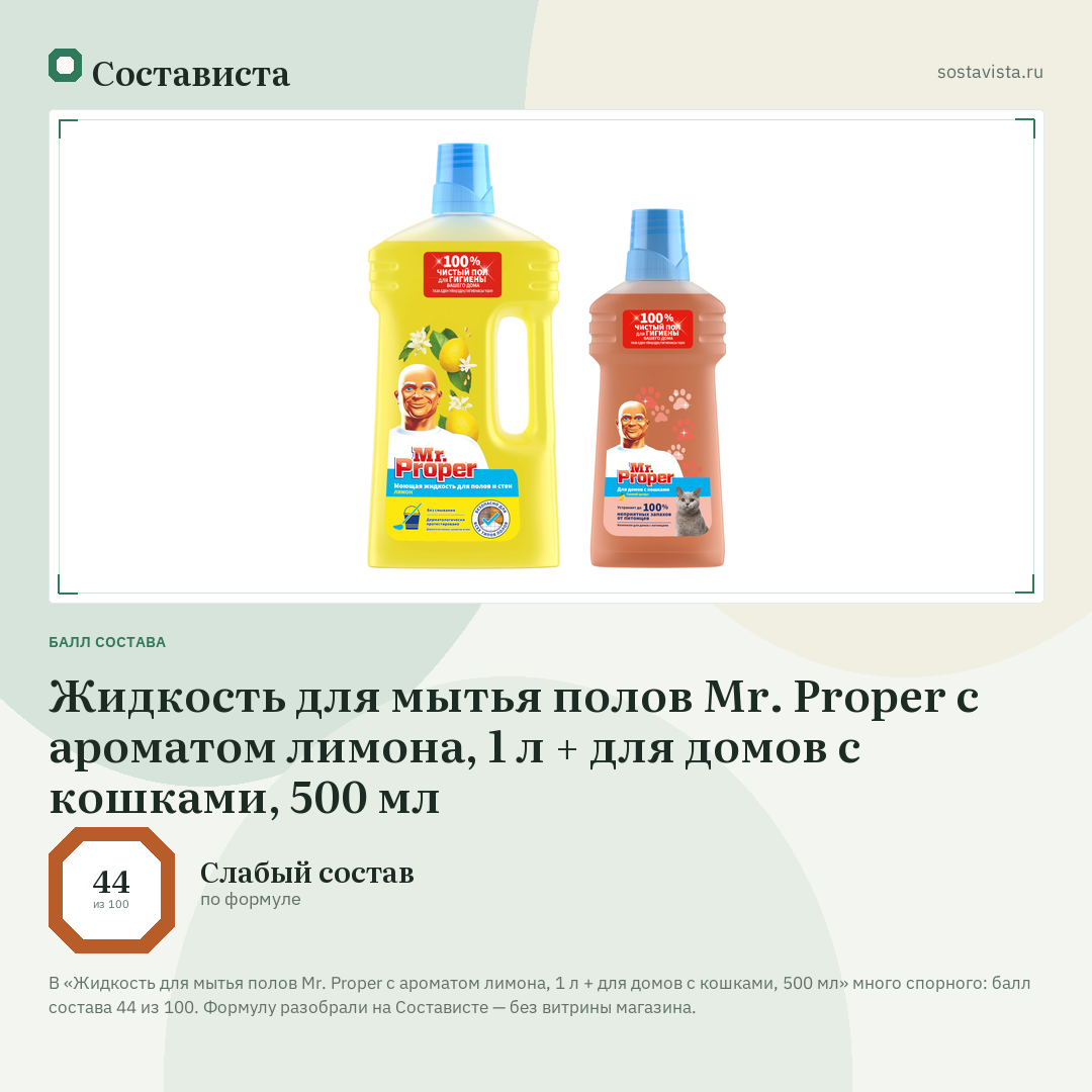 Жидкость для мытья полов Mr. Proper с ароматом лимона, 1 л + для домов с кошками, 500 мл: балл состава 44 из 100 — Состависта