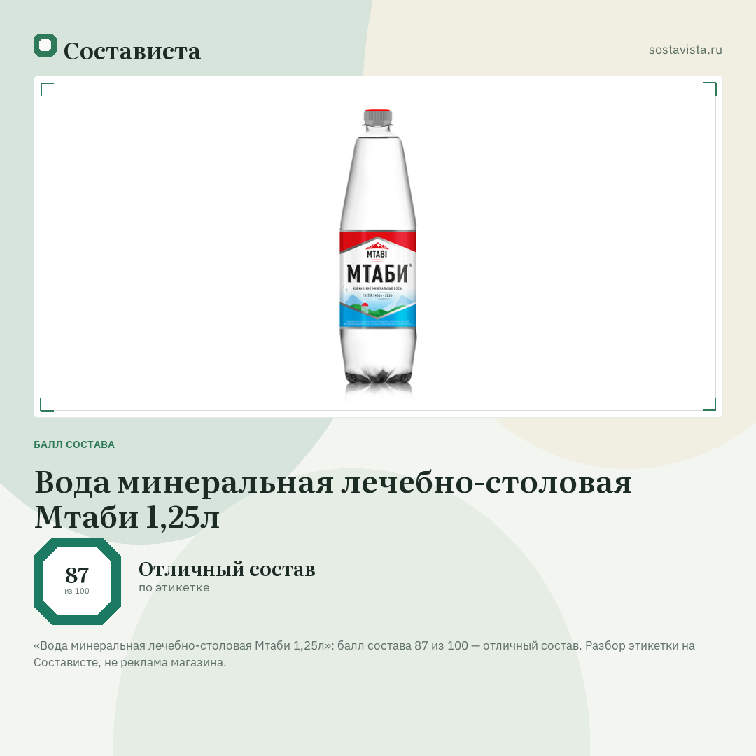 Вода минеральная лечебно-столовая Мтаби 1,25л: балл состава 87 из 100 — Состависта
