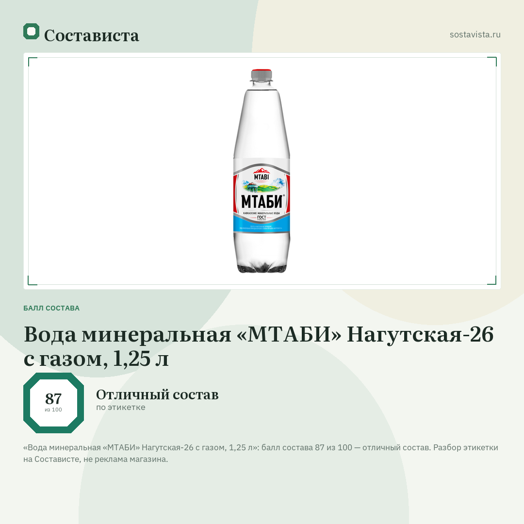 Вода минеральная «МТАБИ» Нагутская-26 с газом, 1,25 л: балл состава 87 из 100 — Состависта