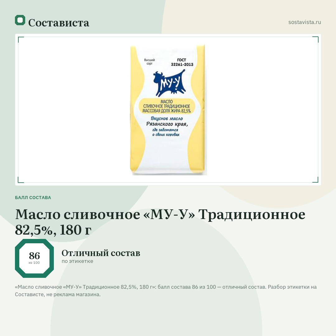 Масло сливочное «МУ-У» Традиционное 82,5%, 180 г: балл состава 86 из 100 — Состависта