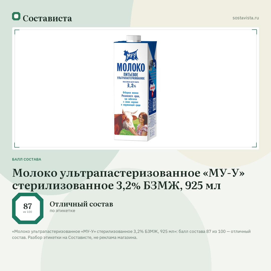 Молоко ультрапастеризованное «МУ-У» стерилизованное 3,2% БЗМЖ, 925 мл: балл состава 87 из 100 — Состависта