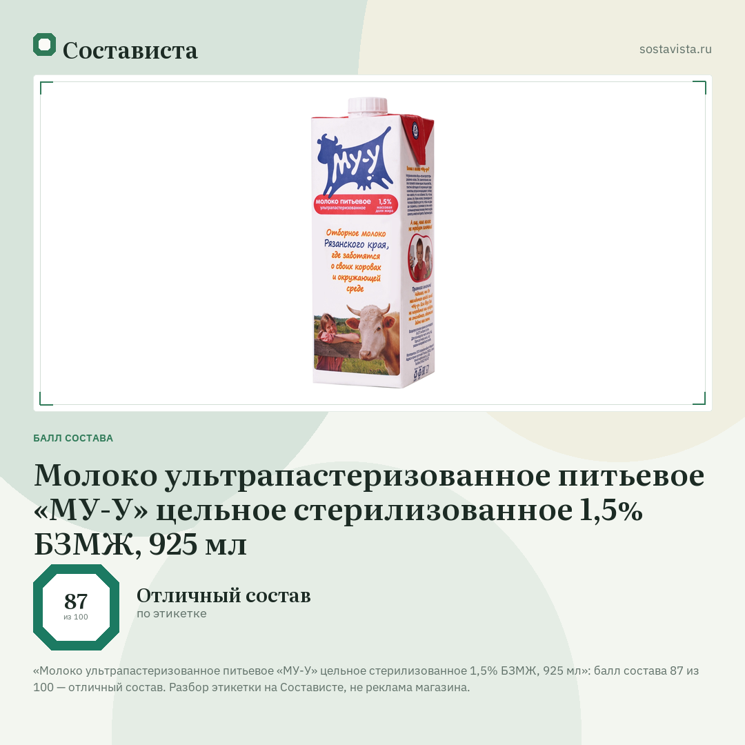 Молоко ультрапастеризованное питьевое «МУ-У» цельное стерилизованное 1,5% БЗМЖ, 925 мл: балл состава 87 из 100 — Состависта
