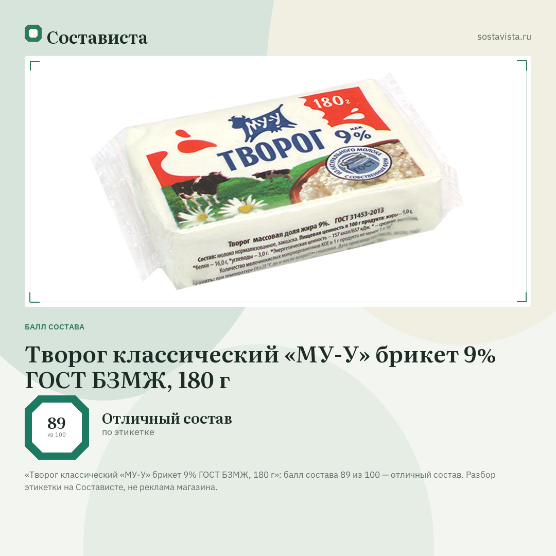 Творог классический «МУ-У» брикет 9% ГОСТ БЗМЖ, 180 г: балл состава 89 из 100 — Состависта