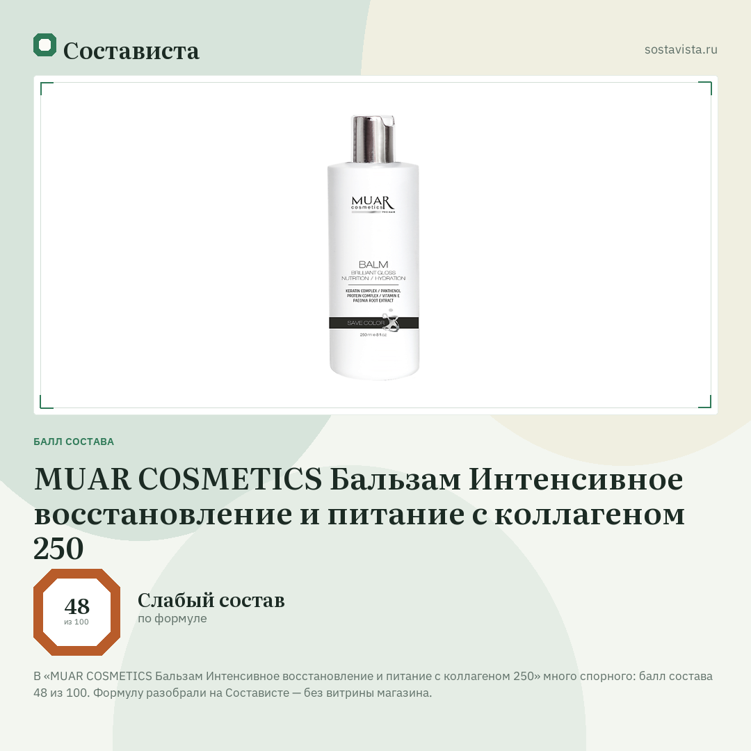 MUAR COSMETICS Бальзам Интенсивное восстановление и питание с коллагеном 250: балл состава 48 из 100 — Состависта