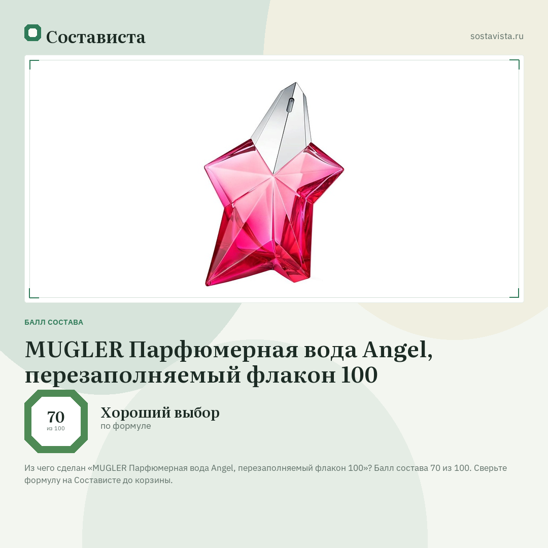MUGLER Парфюмерная вода Angel, перезаполняемый флакон 100: балл состава 70 из 100 — Состависта