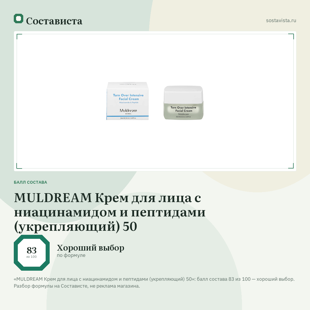 MULDREAM Крем для лица с ниацинамидом и пептидами (укрепляющий) 50: балл состава 83 из 100 — Состависта