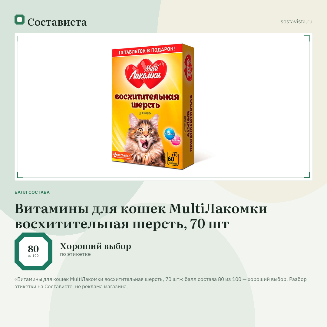 Витамины для кошек MultiЛакомки восхитительная шерсть, 70 шт: балл состава 80 из 100 — Состависта