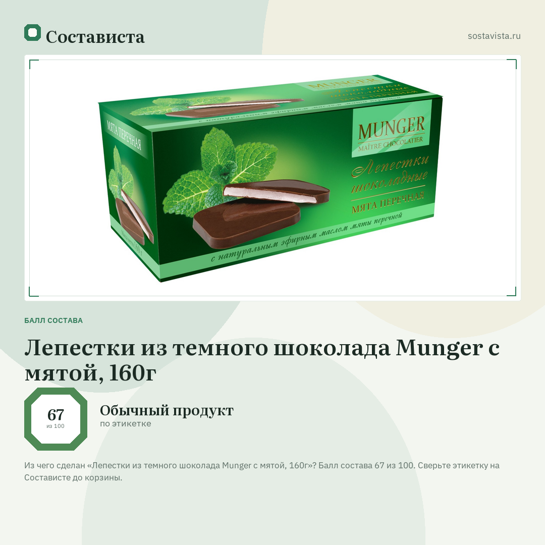 Лепестки из темного шоколада Munger с мятой, 160г: балл состава 67 из 100 — Состависта
