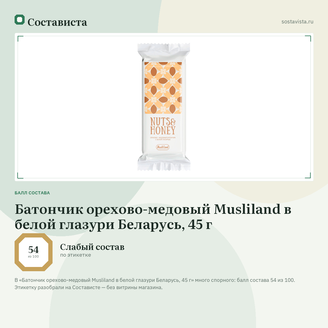 Батончик орехово-медовый Musliland в белой глазури Беларусь, 45 г: балл состава 54 из 100 — Состависта