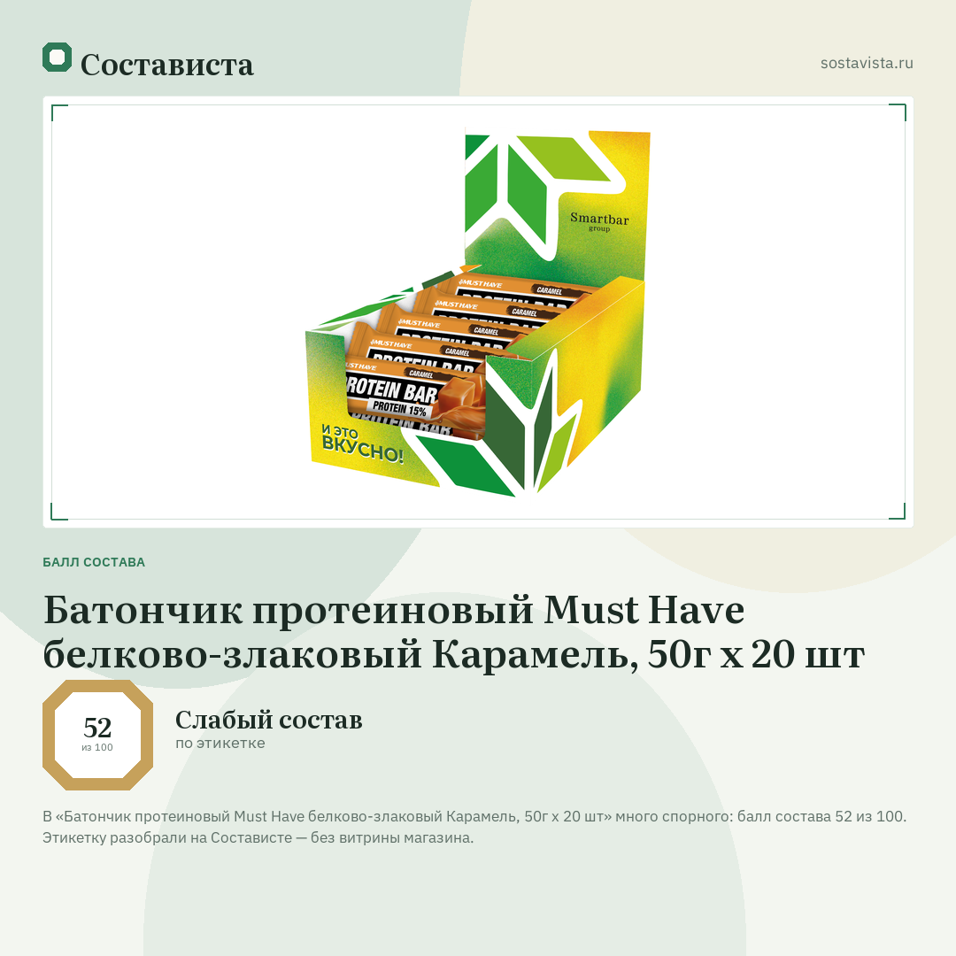 Батончик протеиновый Must Have белково-злаковый Карамель, 50г x 20 шт: балл состава 52 из 100 — Состависта