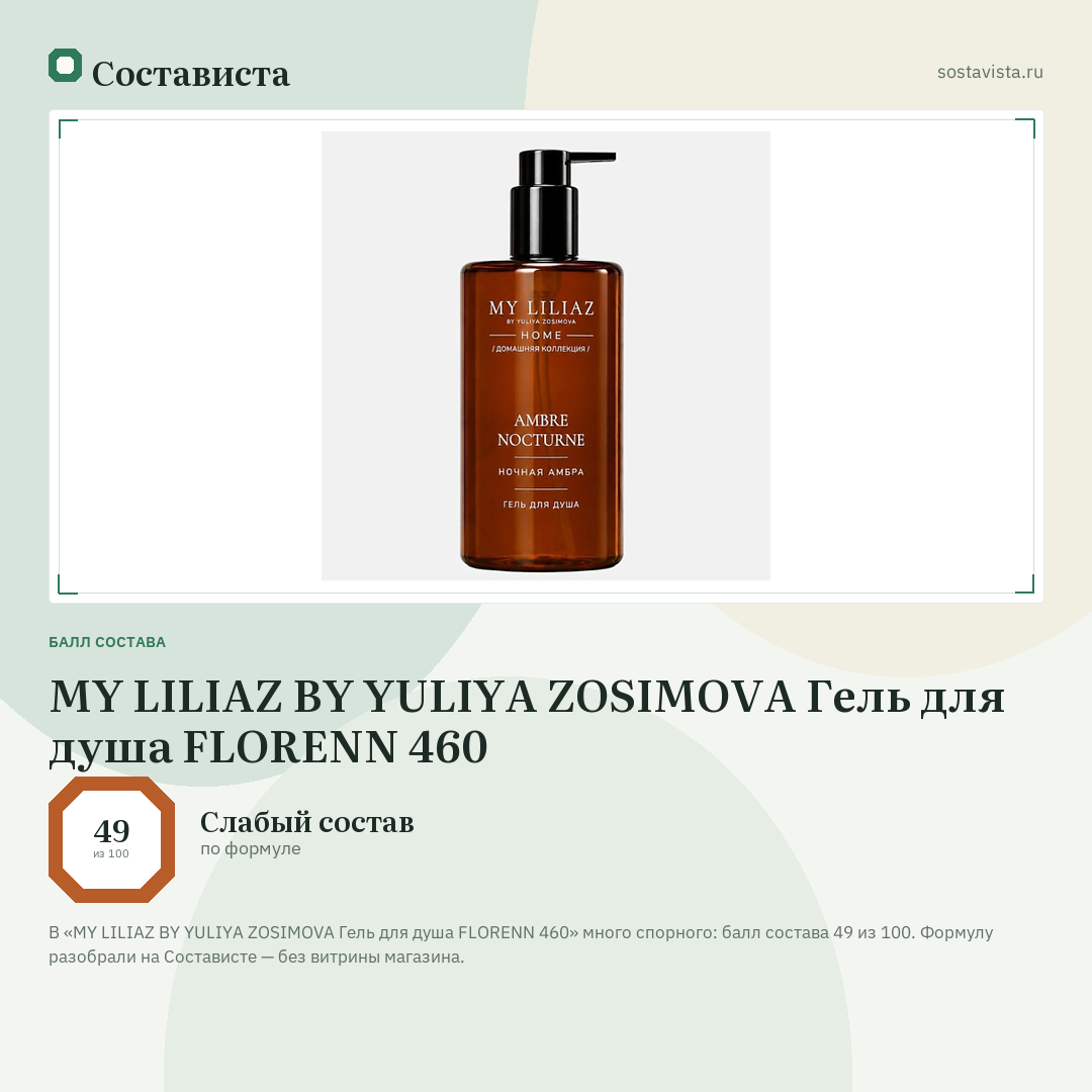 MY LILIAZ BY YULIYA ZOSIMOVA Гель для душа FLORENN 460: балл состава 49 из 100 — Состависта