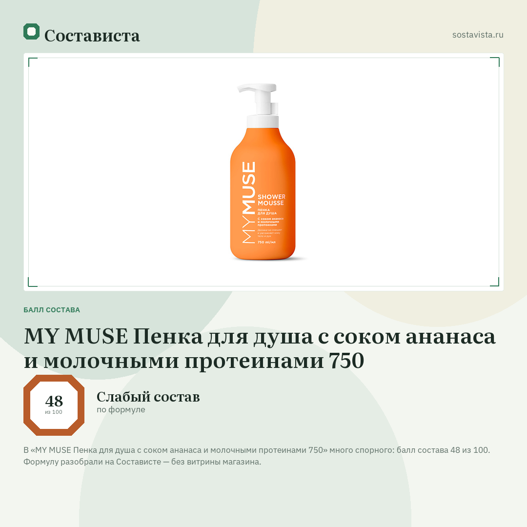 MY MUSE Пенка для душа с соком ананаса и молочными протеинами 750: балл состава 48 из 100 — Состависта