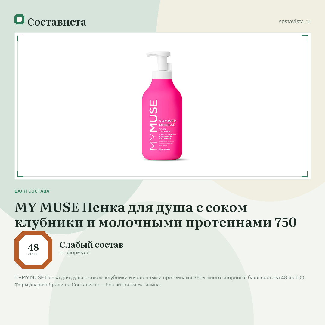 MY MUSE Пенка для душа с соком клубники и молочными протеинами 750: балл состава 48 из 100 — Состависта