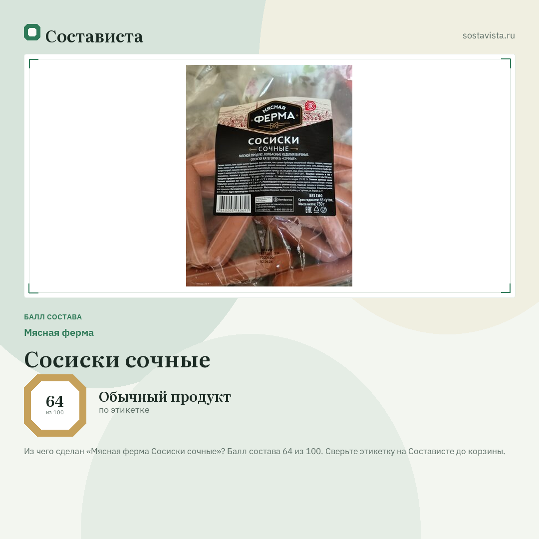 Мясная ферма Сосиски сочные: балл состава 64 из 100 — Состависта