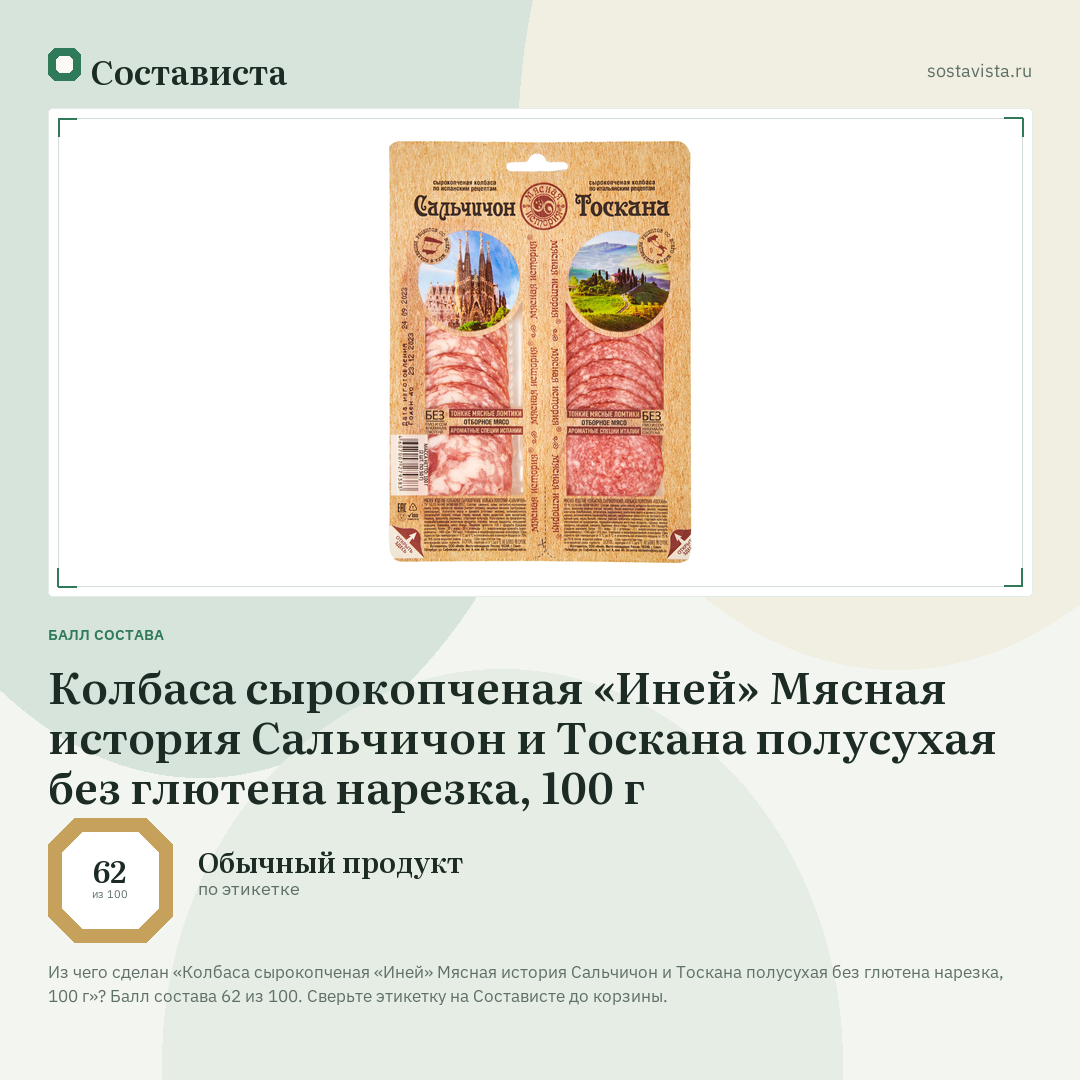 Колбаса сырокопченая «Иней» Мясная история Сальчичон и Тоскана полусухая без глютена нарезка, 100 г: балл состава 62 из 100 — Состависта