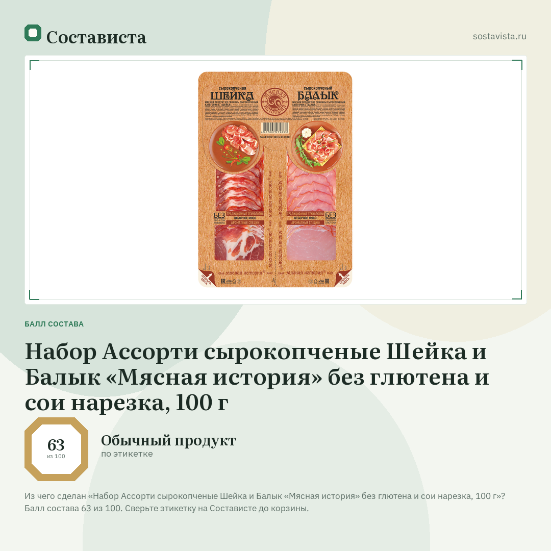 Набор Ассорти сырокопченые Шейка и Балык «Мясная история» без глютена и сои нарезка, 100 г: балл состава 63 из 100 — Состависта