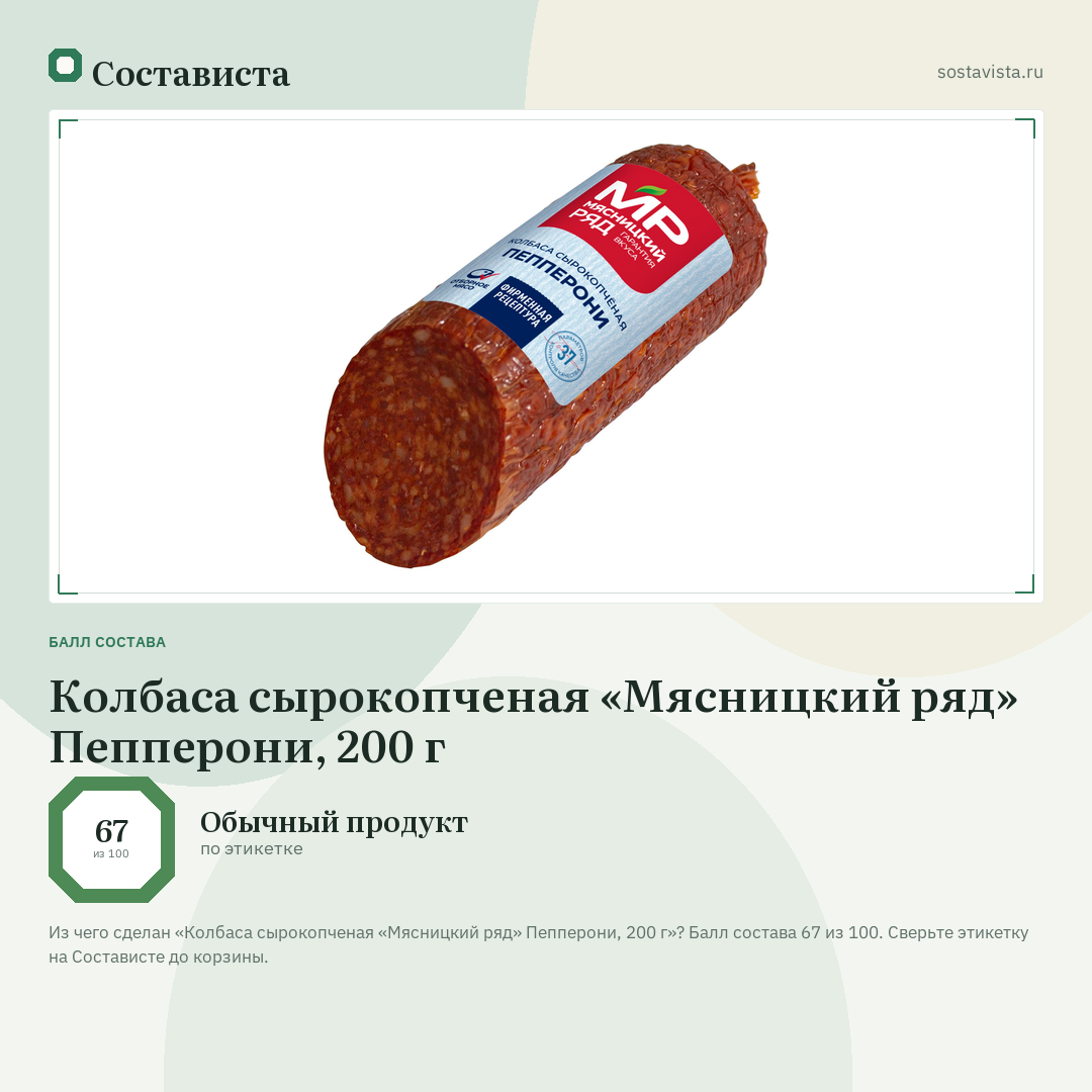 Колбаса сырокопченая «Мясницкий ряд» Пепперони, 200 г: балл состава 67 из 100 — Состависта