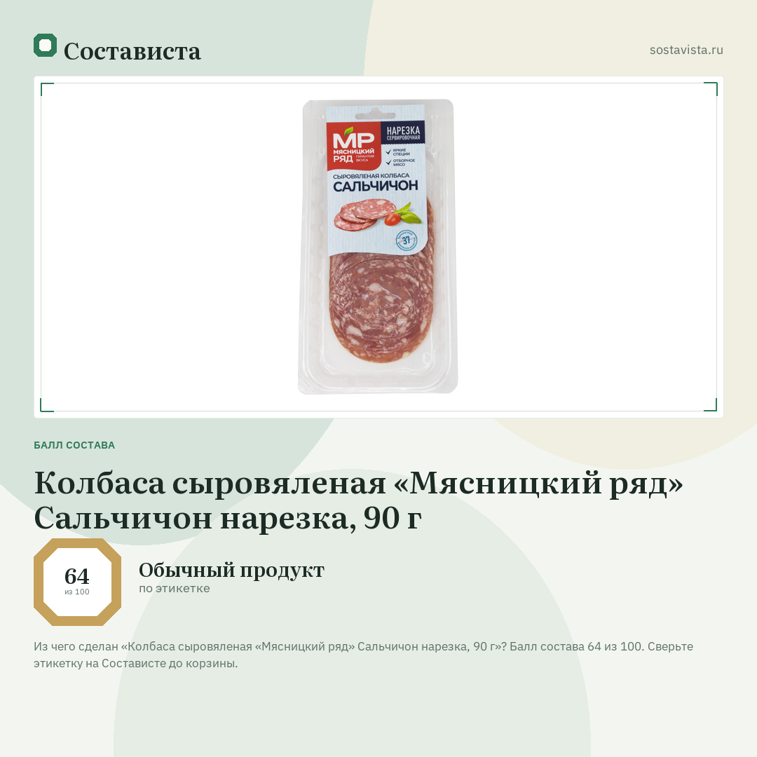 Колбаса сыровяленая «Мясницкий ряд» Сальчичон нарезка, 90 г: балл состава 64 из 100 — Состависта