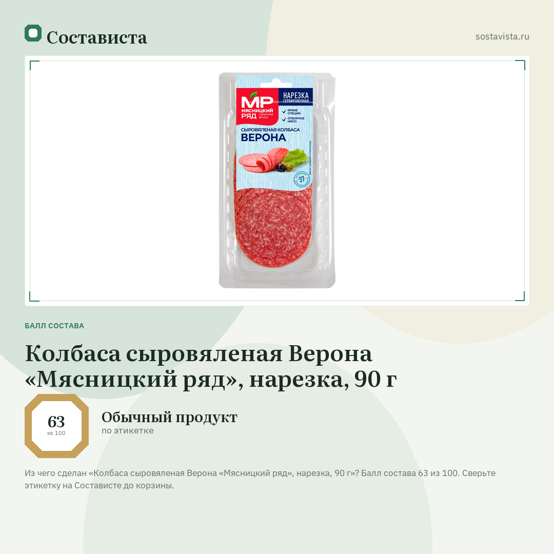 Колбаса сыровяленая Верона «Мясницкий ряд», нарезка, 90 г: балл состава 63 из 100 — Состависта