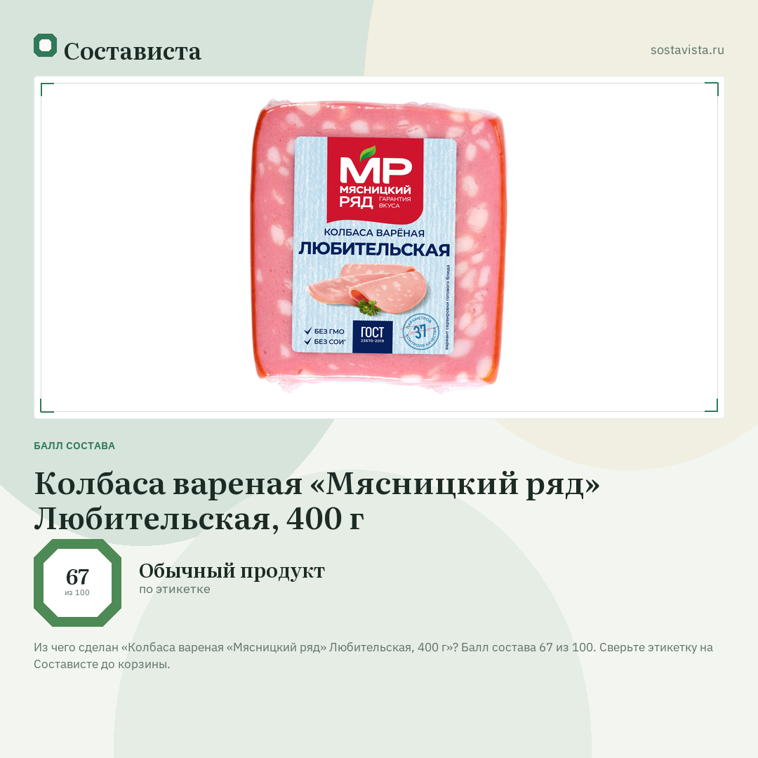 Колбаса вареная «Мясницкий ряд» Любительская, 400 г: балл состава 67 из 100 — Состависта