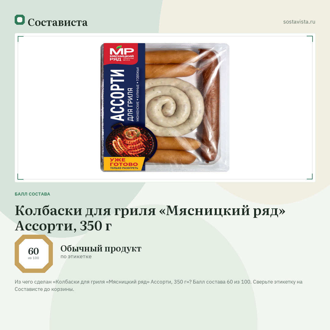Колбаски для гриля «Мясницкий ряд» Ассорти, 350 г: балл состава 60 из 100 — Состависта