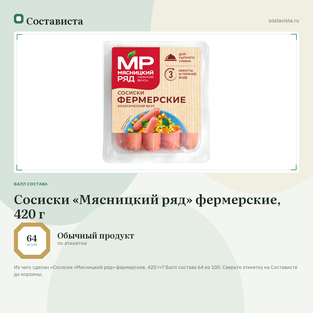 Сосиски «Мясницкий ряд» фермерские, 420 г: балл состава 64 из 100 — Состависта