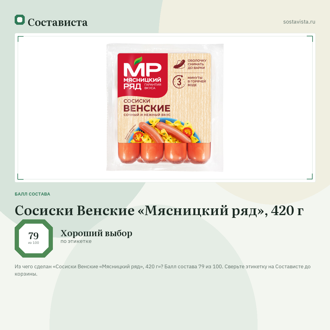 Сосиски Венские «Мясницкий ряд», 420 г: балл состава 79 из 100 — Состависта