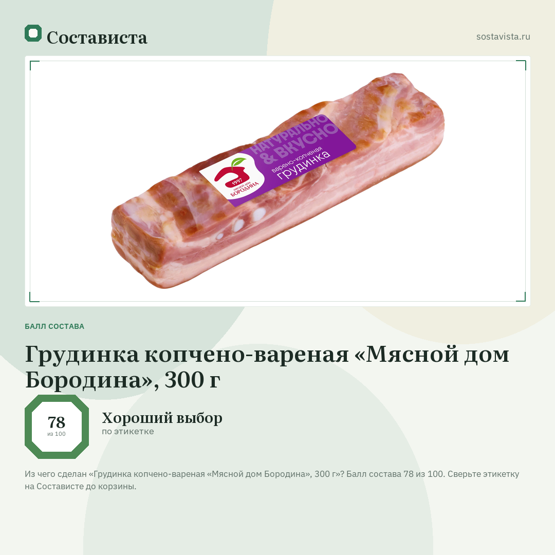 Грудинка копчено-вареная «Мясной дом Бородина», 300 г: балл состава 78 из 100 — Состависта