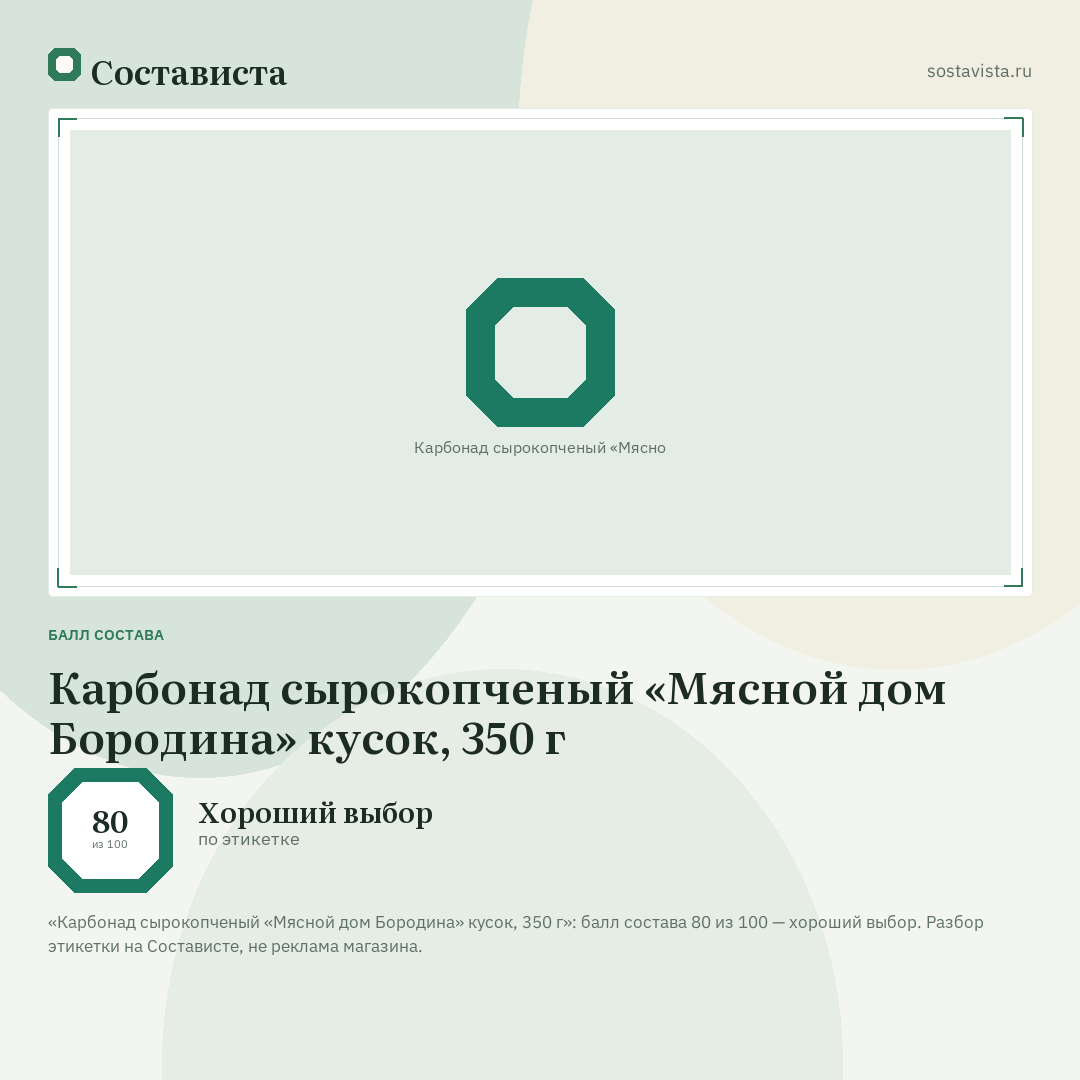 Карбонад сырокопченый «Мясной дом Бородина» кусок, 350 г: балл состава 80 из 100 — Состависта