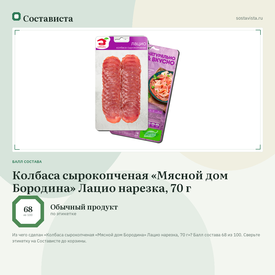 Колбаса сырокопченая «Мясной дом Бородина» Лацио нарезка, 70 г: балл состава 68 из 100 — Состависта