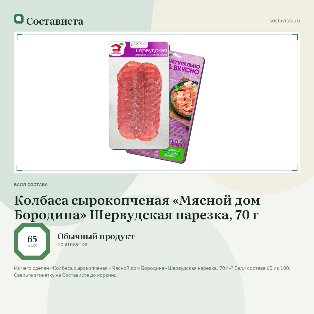 Колбаса сырокопченая «Мясной дом Бородина» Шервудская нарезка, 70 г: балл состава 65 из 100 — Состависта