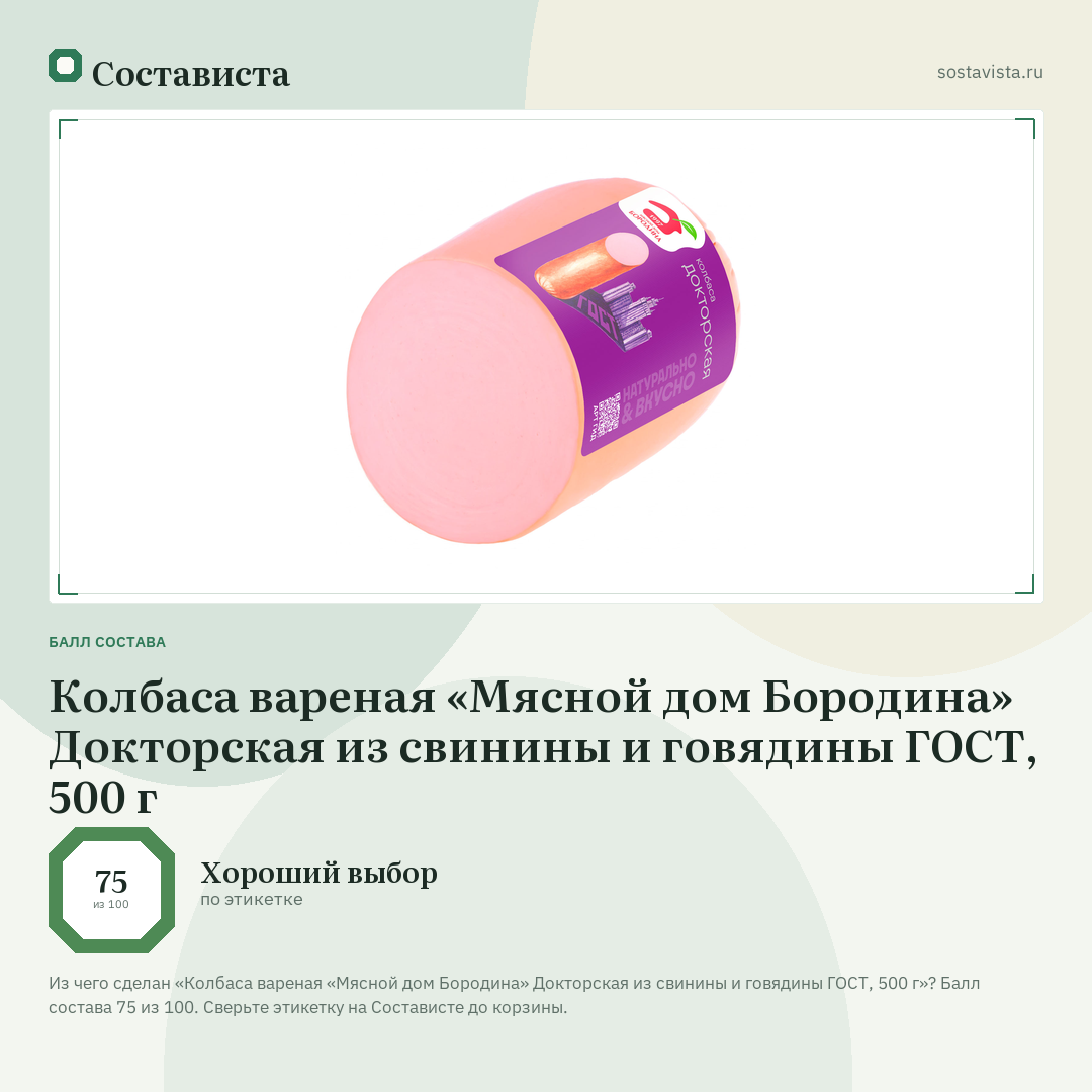 Колбаса вареная «Мясной дом Бородина» Докторская из свинины и говядины ГОСТ, 500 г: балл состава 75 из 100 — Состависта