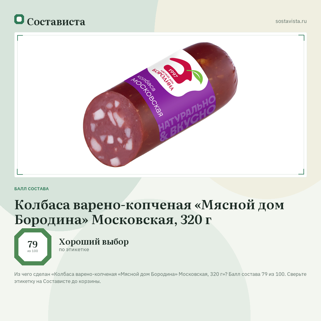 Колбаса варено-копченая «Мясной дом Бородина» Московская, 320 г: балл состава 79 из 100 — Состависта