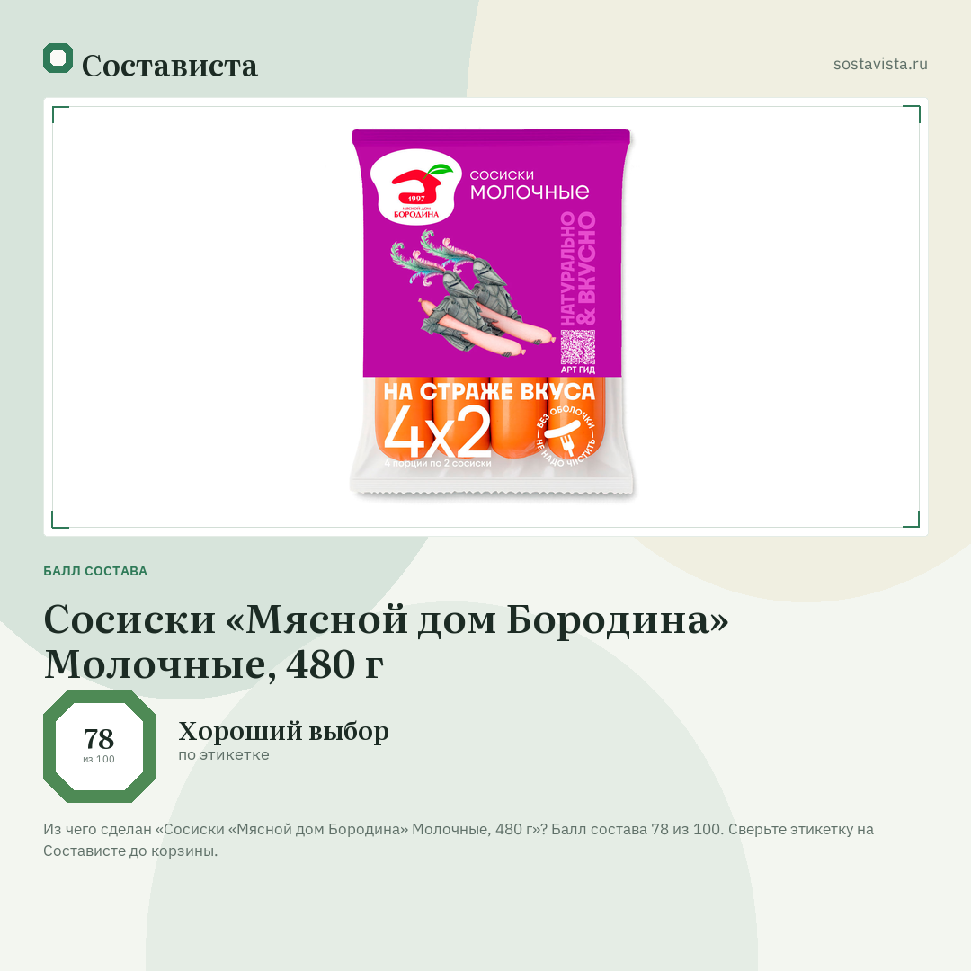 Сосиски «Мясной дом Бородина» Молочные, 480 г: балл состава 78 из 100 — Состависта
