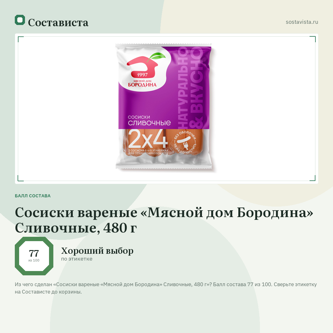 Сосиски вареные «Мясной дом Бородина» Сливочные, 480 г: балл состава 77 из 100 — Состависта