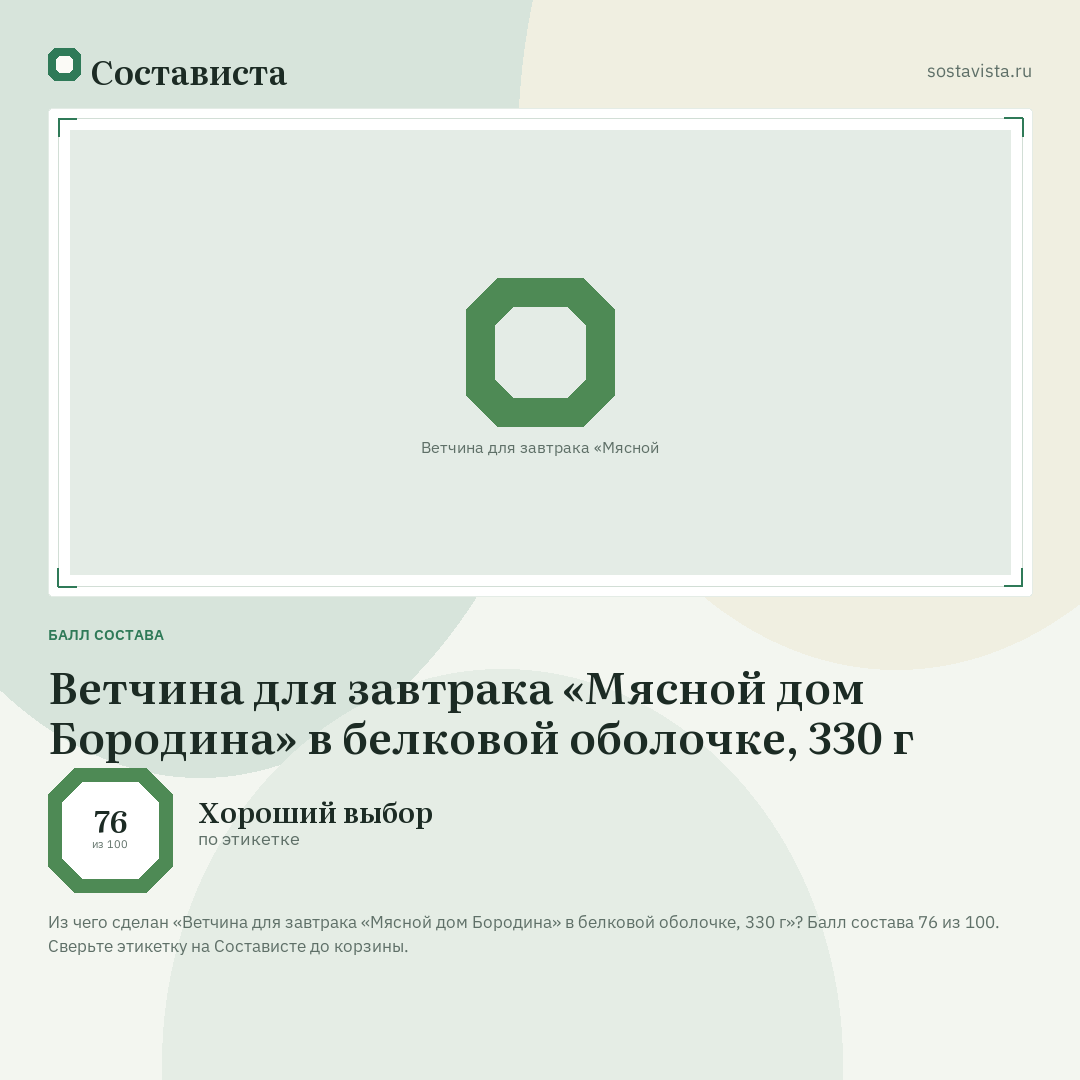 Ветчина для завтрака «Мясной дом Бородина» в белковой оболочке, 330 г: балл состава 76 из 100 — Состависта