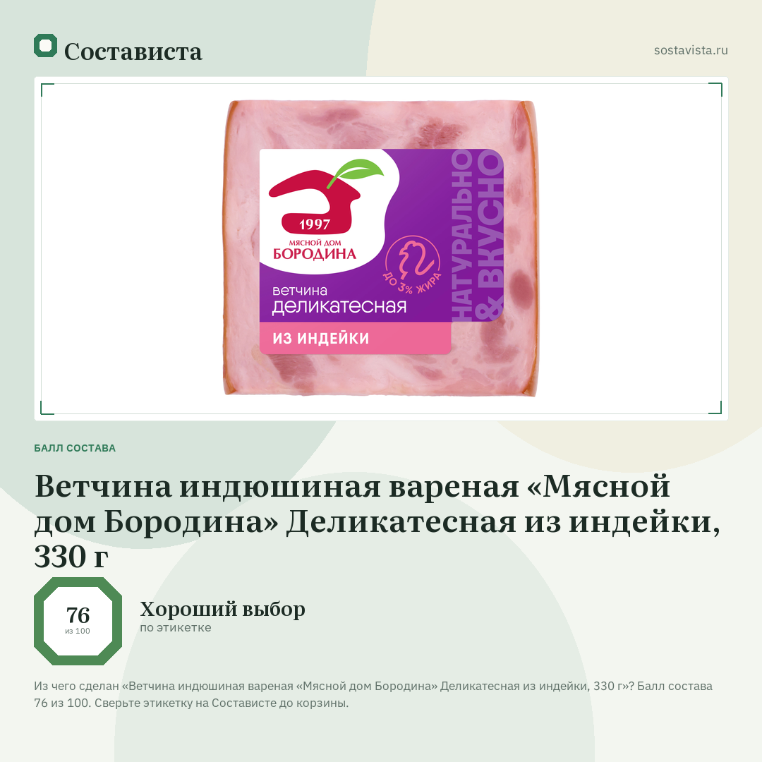 Ветчина индюшиная вареная «Мясной дом Бородина» Деликатесная из индейки, 330 г: балл состава 76 из 100 — Состависта