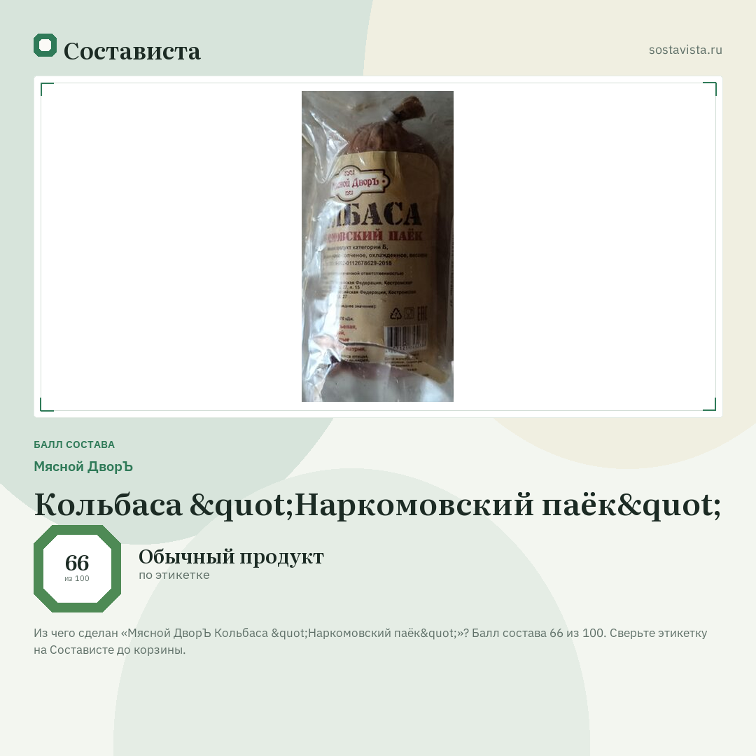 Мясной ДворЪ Кольбаса "Наркомовский паёк": балл состава 66 из 100 — Состависта