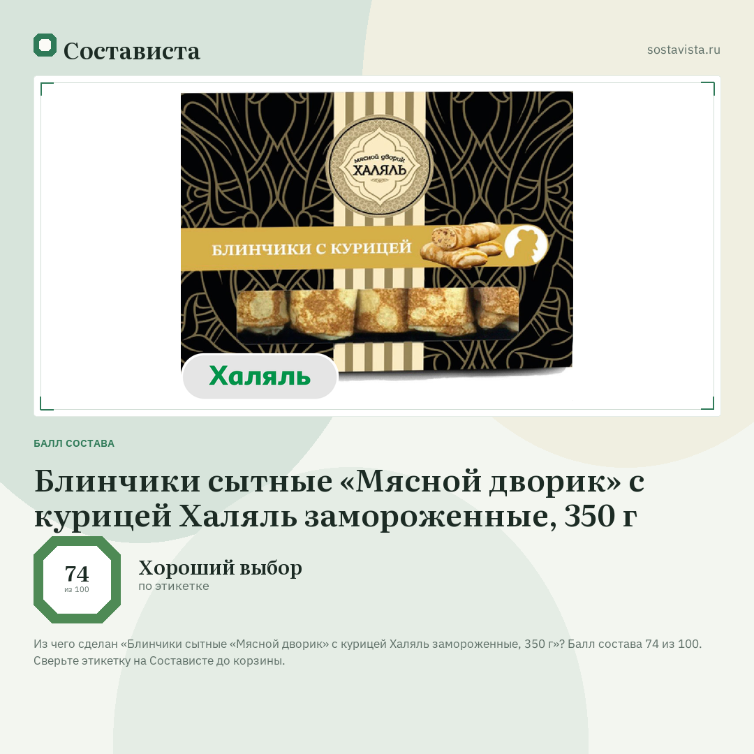 Блинчики сытные «Мясной дворик» с курицей Халяль замороженные, 350 г: балл состава 74 из 100 — Состависта