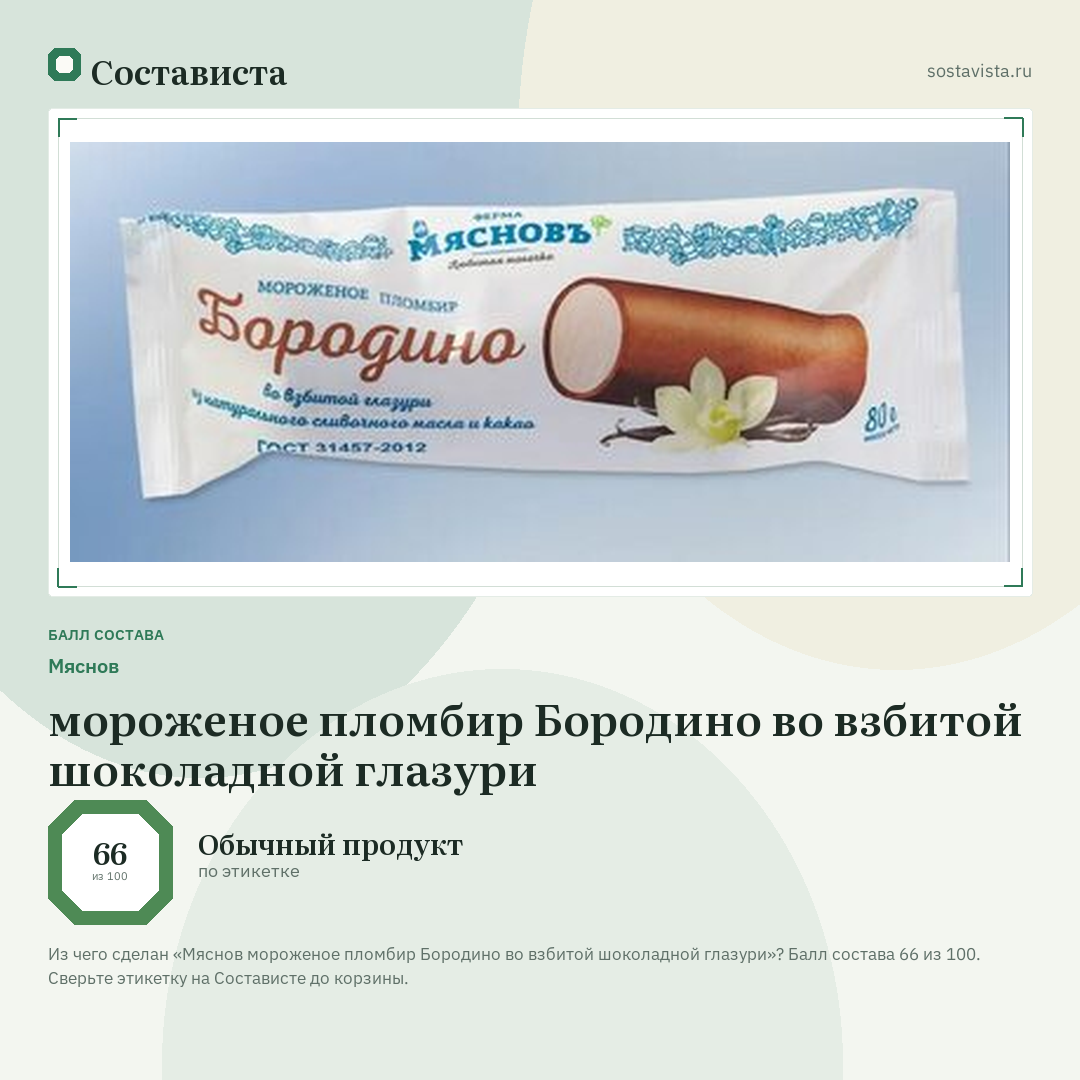 Мяснов мороженое пломбир Бородино во взбитой шоколадной глазури: балл состава 66 из 100 — Состависта